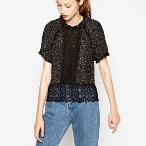 ZARA | Women’s Black Tweed Lace Cropped Blouse Top